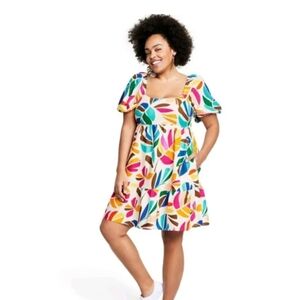 Tabitha Brown Target Botanical Print Puff Sleeve Tiered Mini Dress Small Linen